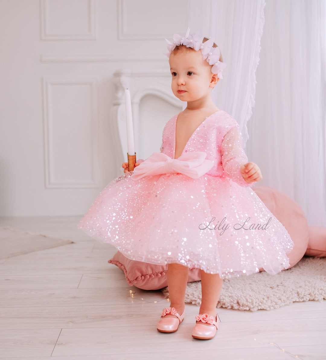 Pink Sparkling First Birthday Dress, Flower Girl Dress, Long Sleeve, Sequin Prom Gown, Pageant Toddler Dress, Special Occasion Baby Dress