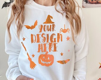 Gildan 18000 Mockup Gildan White Sweatshirt Mockup Sweatshirt Model Mockup White Gildan Crewneck Mockups Heavy Blend Sweater