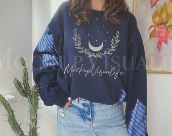 Gildan 18000 Maqueta de sudadera azul marino G180 Maqueta de cuello redondo azul marino Modelo Gildan Navy Sweater Casual Simple G180 Mock up