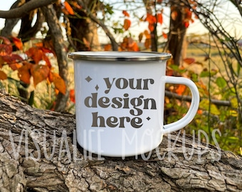 Emaille Mok Mockup| Camping Mug Mockup|11 oz. Camping Mug Mockup | Witte koffiemok gestileerd stockfoto | Emaille Koffie Cup Mockup