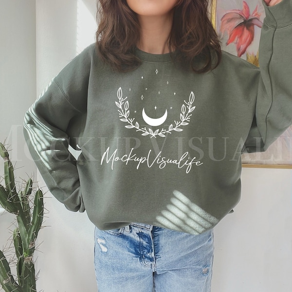 Gildan 18000 Military Green Sweatshirt Mockup G180 Military Green Crewneck Mockup Model Gildan Green Sweater Casual Simple G180 Mock up