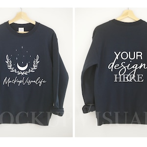 Navy Gildan 18000 mockup Front and Back hanging Gildan mockup 18000 Gildan heavy blend simple sweater lifestyle mockup 18000 Navy mockup