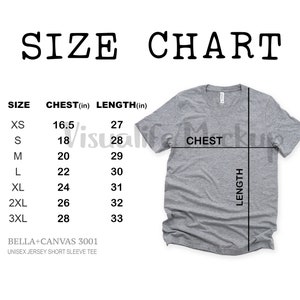 Bella Canvas 3001 Size Chart Grey Flat Lay Mock up Tee Size Chart Unisex Size Chart Tee Size Chart