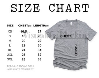 Bella Canvas 3001 Size Chart Grey Flat Lay Mock up Tee Size Chart Unisex Size Chart Tee Size Chart