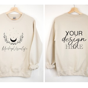 Gildan 18000 mockup Front and Back hanging Gildan mockup 18000 Gildan heavy blend simple sweater lifestyle mockup 18000 Sand mockup