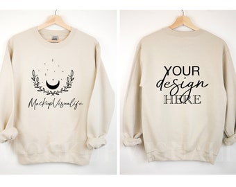 Gildan 18000 mockup Front and Back hanging Gildan mockup 18000 Gildan heavy blend simple sweater lifestyle mockup 18000 Sand mockup
