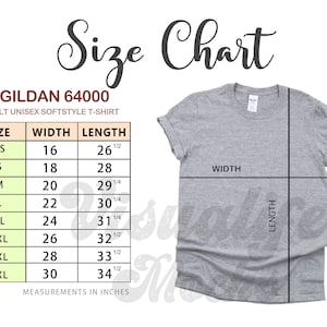 Gildan 64000 Size Chart | Gildan 64000 Adult Softstyle Unisex T-Shirt | T-shirt Size Chart | Gildan Size Guide | Mockup Size Chart