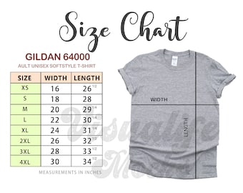 Gildan 64000 Size Chart | Gildan 64000 Adult Softstyle Unisex T-Shirt | T-shirt Size Chart | Gildan Size Guide | Mockup Size Chart