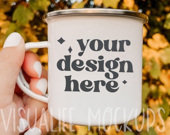 Emaille mok mockup| Mockup voor kampeermok | 11 oz. Mockup voor campingmok | Witte koffiemok gestileerde stockfoto | Mockup voor geëmailleerde koffiekopjes