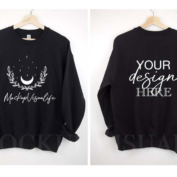 Gildan 18000 Black mockup Front and Back hanging Gildan mockup 18000 Gildan heavy blend simple sweater lifestyle mockup 18000 Black mockup