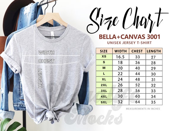 Bella Canvas 3001 Size Chart | tshirt Size Chart | Unisex Jersey Shirt Size Guide | T-shirt Sizing Chart | Shirt Measurement | Digital