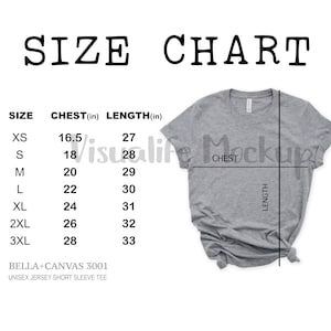 Bella Canvas 3001 Size Chart Grey Flat Lay Mock up Tee Size Chart Unisex Size Chart Tee Size Chart