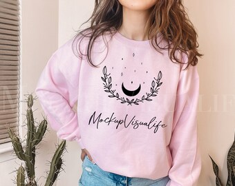 Gildan 18000 Light Pink Mockup, G18000 Crewneck Sweatshirt Boho Mock-up, Minimalist Pink Pullover mockup