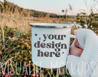 Emaille Mok Mockup| Camping Mug Mockup|11 oz. Camping Mug Mockup | Witte koffiemok gestileerd stockfoto | Emaille Koffie Cup Mockup