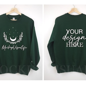Gildan 18000 mockup Front and Back hanging Gildan mockup 18000 Gildan heavy blend simple sweater lifestyle mockup 18000 Forest green mockup