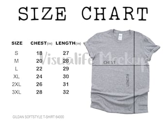 Gildan 64000 Tabella delle taglie Grey Flat Lay Mock up Tee Tabella delle taglie Tabella delle taglie unisex Tabella delle taglie del tee