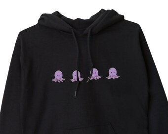 May include: Black hooded sweatshirt with a graphic of four purple octopus illustrations on the front.