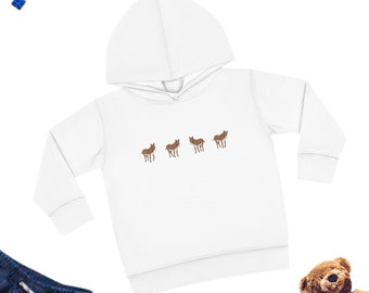 May include: White toddler hoodie with a brown embroidered design of four small horses walking in a line.