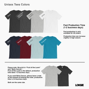 May include: A display of unisex t-shirts in various colors, including black, navy, maroon, and white. The image includes text indicating fast production times and the brands used. The shirts are available in multiple colors.