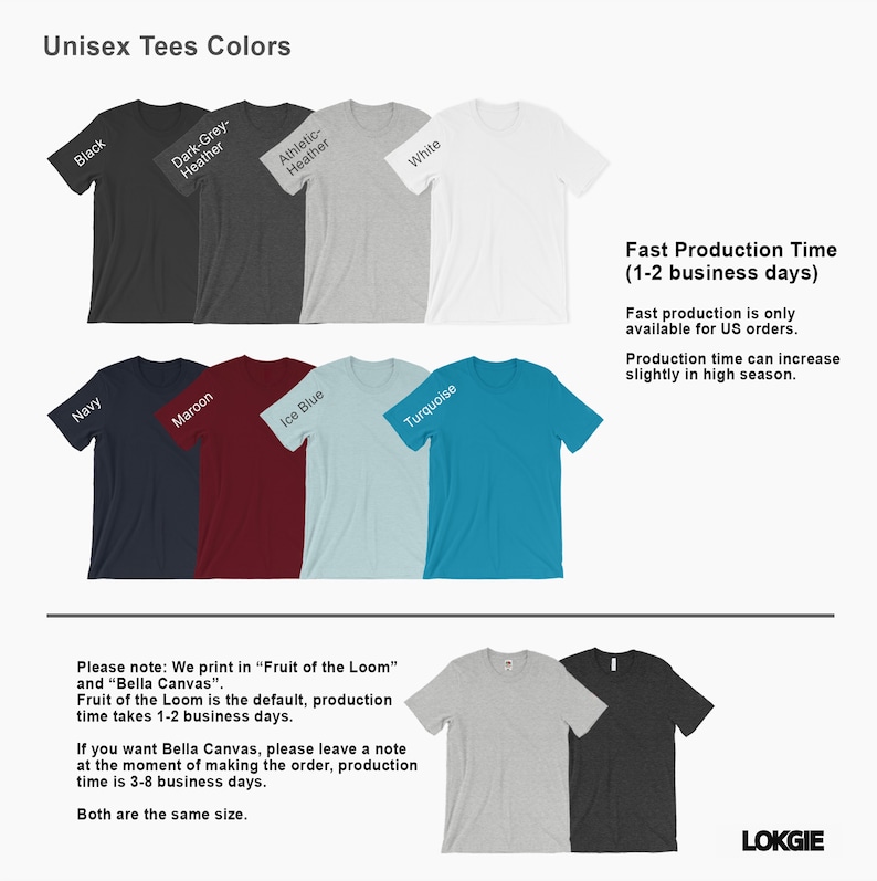 May include: A display of unisex t-shirts in various colors, including black, navy, maroon, and white. The image includes text indicating fast production times and the brands used. The shirts are available in multiple colors.