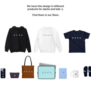May include: A collection of products featuring a design of five ducks in a line. The products include a black hoodie, a white sweatshirt, a navy blue t-shirt, a brown tote bag, a light blue phone case, a purple makeup bag, a light blue mug, and two pairs of black flip flops.