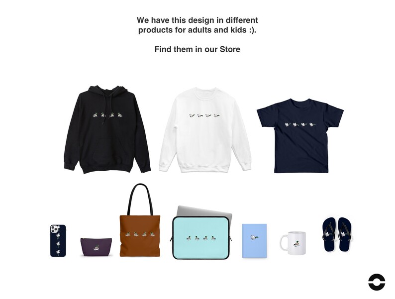 May include: A collection of products featuring a design of five ducks in a line. The products include a black hoodie, a white sweatshirt, a navy blue t-shirt, a brown tote bag, a light blue phone case, a purple makeup bag, a light blue mug, and two pairs of black flip flops.