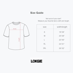 May include: A white graphic showing a t-shirt outline with width and length measurements, and a size guide table. The table lists sizes S, M, L, XL, and 2XL with corresponding width/length measurements in inches.