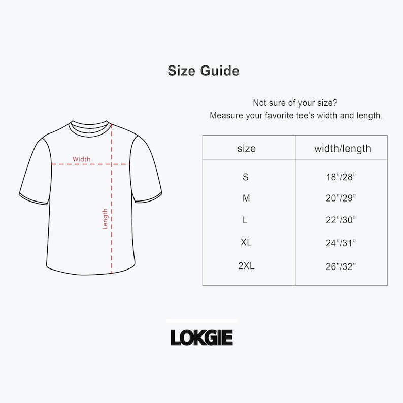 May include: A white graphic showing a t-shirt outline with width and length measurements, and a size guide table. The table lists sizes S, M, L, XL, and 2XL with corresponding width/length measurements in inches.