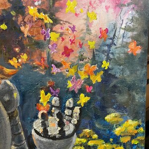 May include: A painting depicting a robot hand holding a cluster of colourful butterflies in front of a forest backdrop. The butterflies are yellow, pink, orange, and purple. The forest is painted in shades of blue, green, and brown.