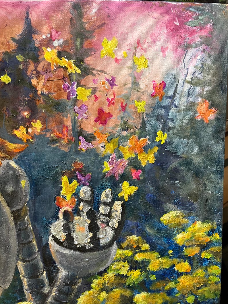 May include: A painting depicting a robot hand holding a cluster of colourful butterflies in front of a forest backdrop. The butterflies are yellow, pink, orange, and purple. The forest is painted in shades of blue, green, and brown.