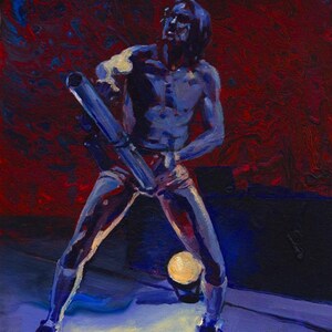 May include: An abstract painting of a person in a dynamic pose, holding a cylindrical object. The figure is rendered in shades of blue and white against a red and black background. The artwork has a dramatic, expressive style.