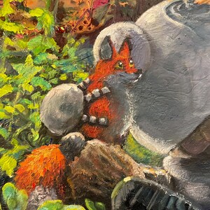 May include: A painting depicting a fox with orange fur and a white tail, sitting in a woodland scene. The fox is partly concealed behind a large, grey rock. The background features a blend of green foliage and brown earthy tones.