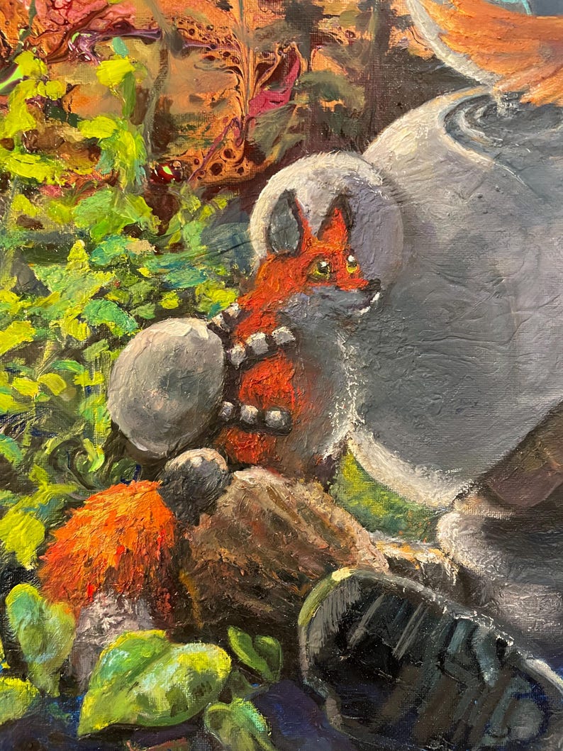 May include: A painting depicting a fox with orange fur and a white tail, sitting in a woodland scene. The fox is partly concealed behind a large, grey rock. The background features a blend of green foliage and brown earthy tones.