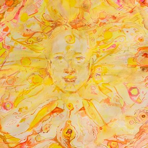 May include: Abstract watercolor painting with a yellow, orange, and pink color scheme. The painting features a human face in the center, surrounded by swirling patterns and shapes.