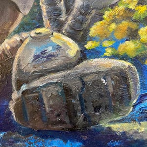 May include: A close-up of a still life painting featuring a brown ceramic pot with a blue and white design, a brown and grey object, and a yellow flower. The background is a blue and green abstract design.