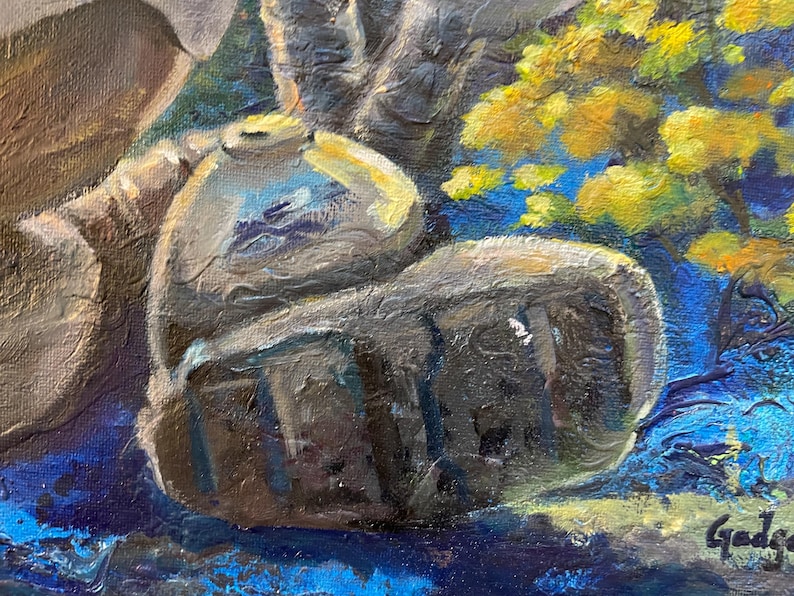May include: A close-up of a still life painting featuring a brown ceramic pot with a blue and white design, a brown and grey object, and a yellow flower. The background is a blue and green abstract design.