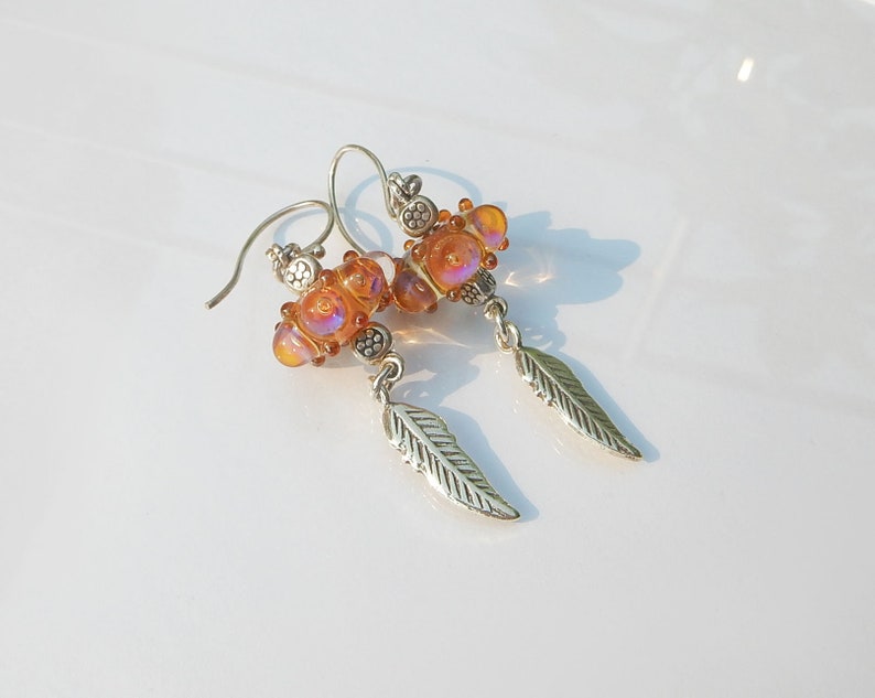 Handmade Silver Earrings Sterling Silver Earrings with Glass Lampwork beads and Feather Charms,Sterling Silver Earrings