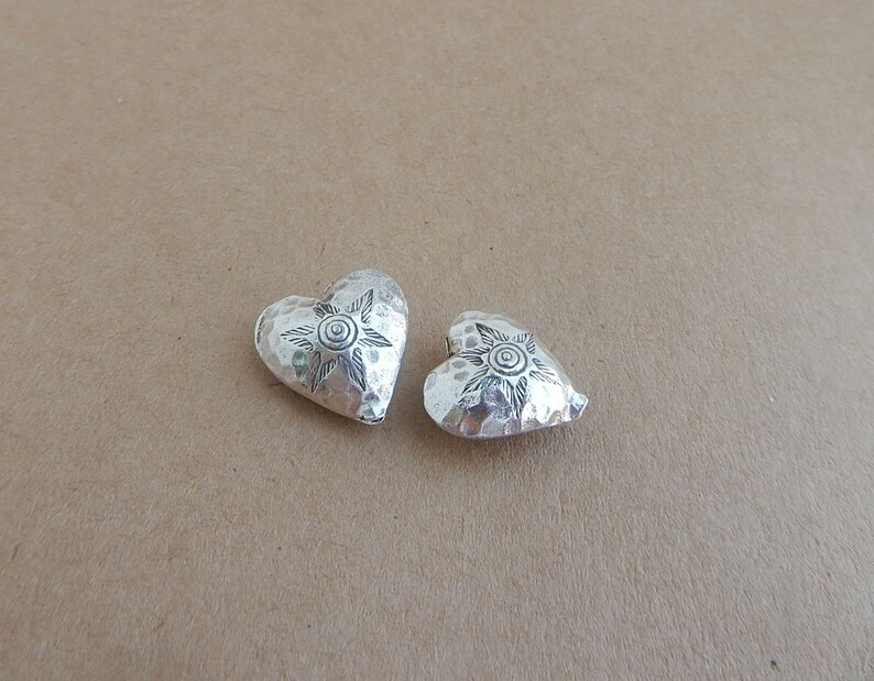 2 pcs of Karen Hill Tribe Silver Heart Beads,Sterling Silver Beads,17x17mm