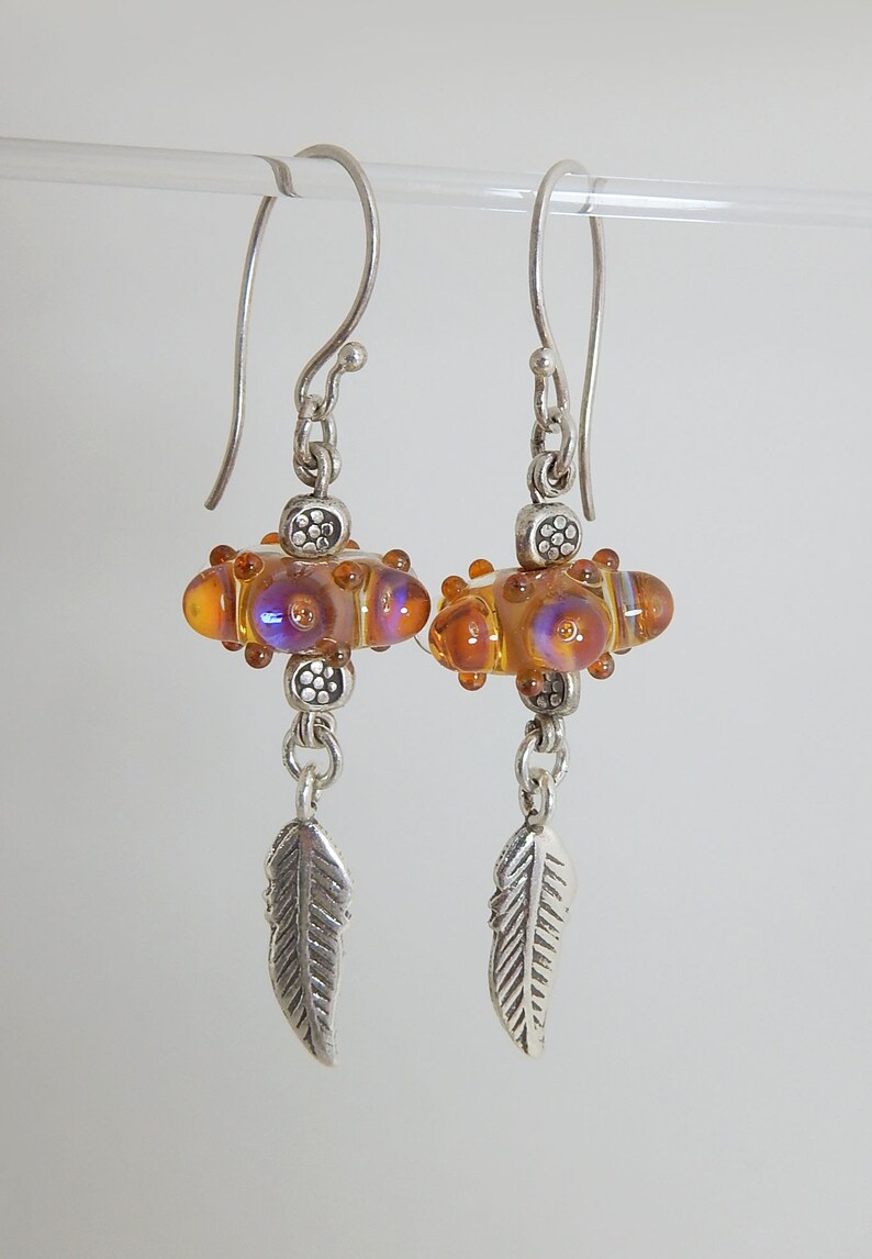 Sterling Silver Earrings with Glass Lampwork beads and Feather Charms,Sterling Silver Earrings Handmade Silver Earrings
