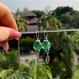 Green Pleated Lampwork  Earrings, Sterling Silver Earrings, Earrings Handmade