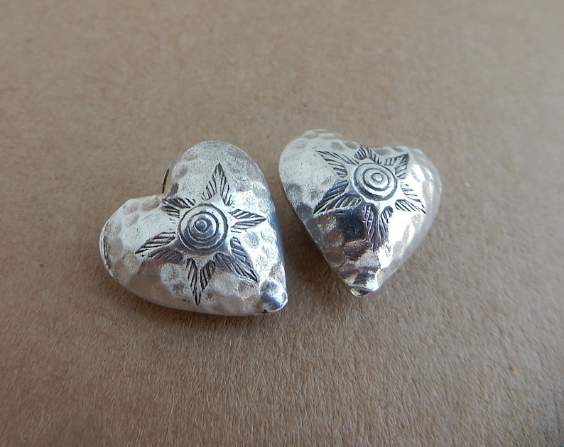 2 pcs of Karen Hill Tribe Silver Heart Beads,Sterling Silver Beads,17x17mm