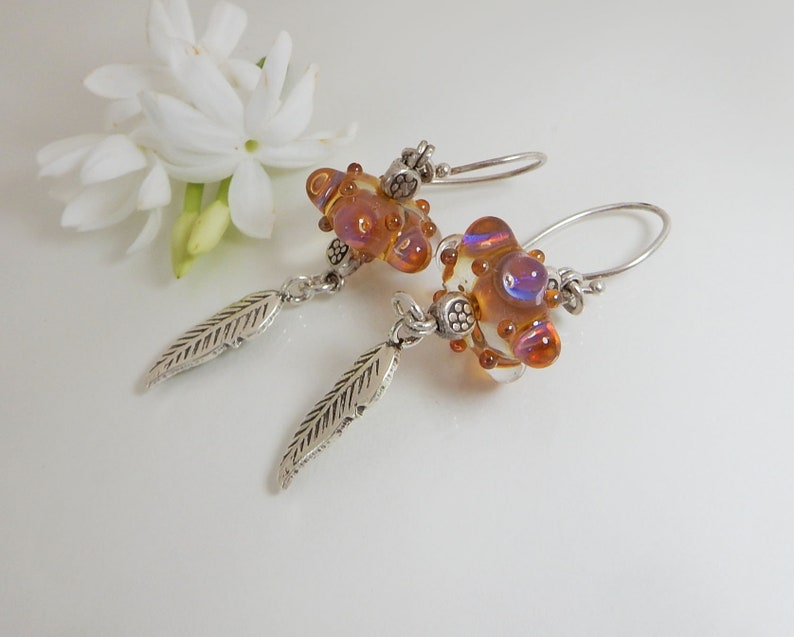 Handmade Silver Earrings Sterling Silver Earrings with Glass Lampwork beads and Feather Charms,Sterling Silver Earrings