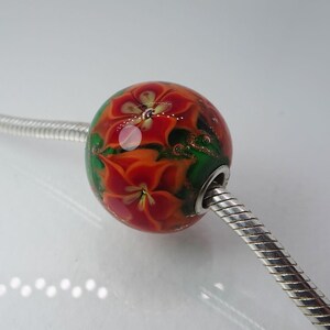 Poinsettia de Noël rouge, perle de lampork en verre, argent sterling 925, bracelet en perles de verre, pour bracelets de style Pandora