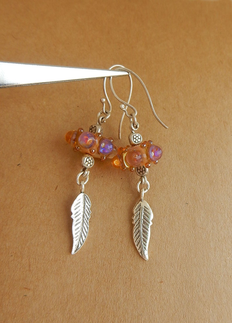 Handmade Silver Earrings Sterling Silver Earrings with Glass Lampwork beads and Feather Charms,Sterling Silver Earrings