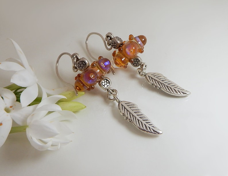 Handmade Silver Earrings Sterling Silver Earrings with Glass Lampwork beads and Feather Charms,Sterling Silver Earrings