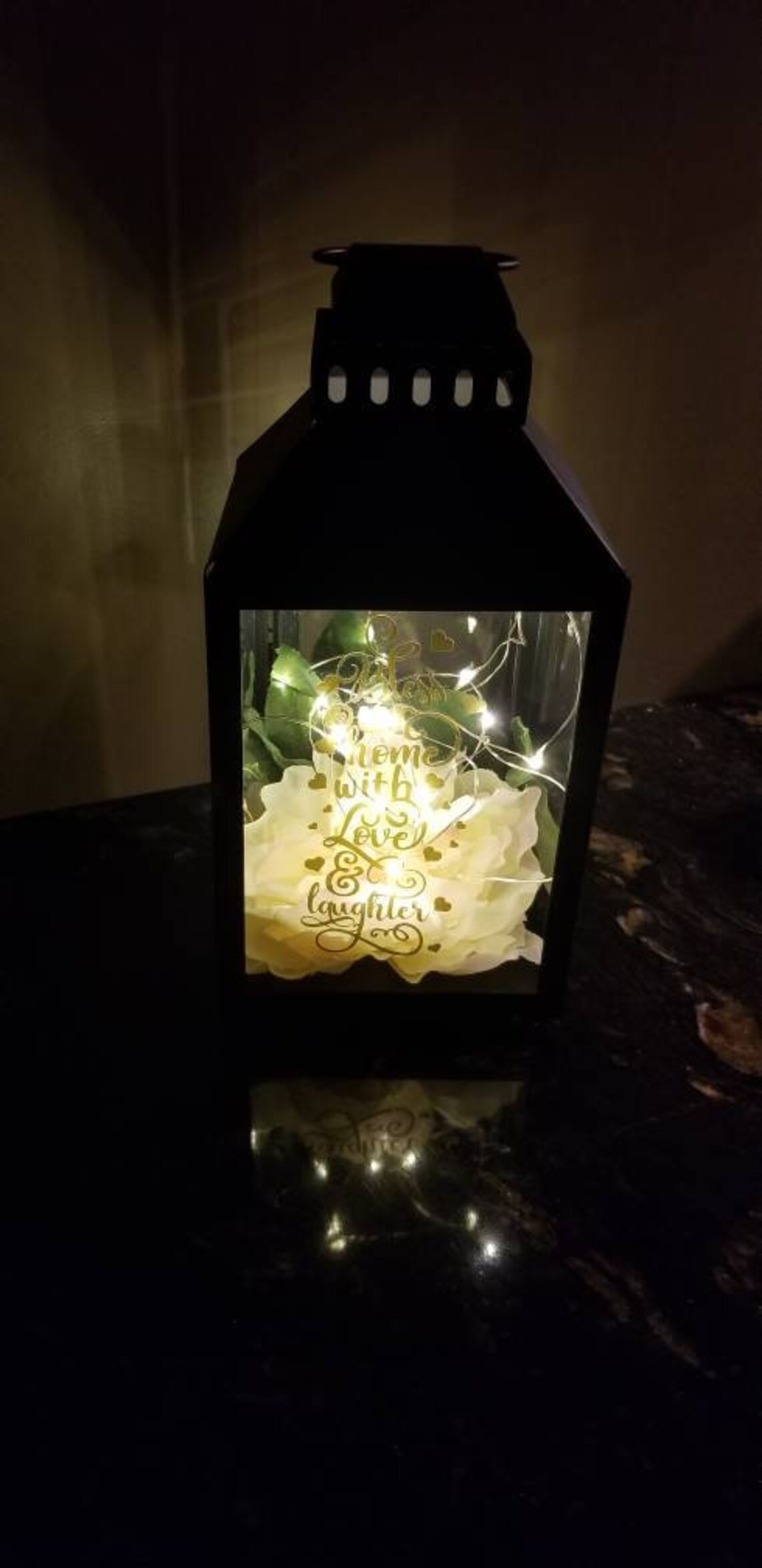 Lantern Centerpiece with Fairy lights with floral decor on the Etsy