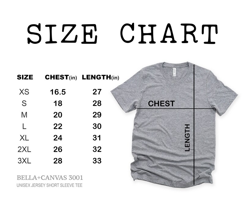 K&ouml;nnte beinhalten: Gr&ouml;&szlig;entabelle f&uuml;r ein Unisex-T-Shirt mit kurzen &Auml;rmeln, die Brust- und L&auml;ngenma&szlig;e in Zoll f&uuml;r die Gr&ouml;&szlig;en XS bis 3XL zeigt. Die Tabelle ist auf ein graues T-Shirt gedruckt.