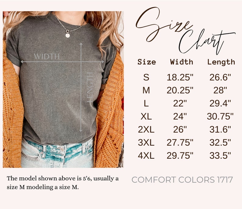 K&ouml;nnte beinhalten: Gr&ouml;&szlig;entabelle f&uuml;r ein T-Shirt mit Ma&szlig;en in Zoll. Die Tabelle zeigt die Breite und L&auml;nge des T-Shirts in den Gr&ouml;&szlig;en S, M, L, XL, 2XL, 3XL und 4XL. Das gezeigte Model ist 1,68 m gro&szlig; und tr&auml;gt Gr&ouml;&szlig;e M.