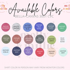 K&ouml;nnte beinhalten: Eine Tabelle mit den verf&uuml;gbaren Farben f&uuml;r Bella + Canvas 3001 CVC T-Shirts. Die Farben werden in Kreisen angezeigt, wobei der Name jeder Farbe darunter aufgef&uuml;hrt ist. Die Farben umfassen Heather Raspberry, Athletic Heather, Heather Columbia Blue, Heather True Royal, Heather Slate, Heather Kelly, Heather Olive, Heather Clay, Heather Mauve, Deep Heather, Heather Green, Solid White Blend, Heather Iceblue, Heather Navy, Heather Team Purple, Heather Red, Heather Peach, and Heather Mint.