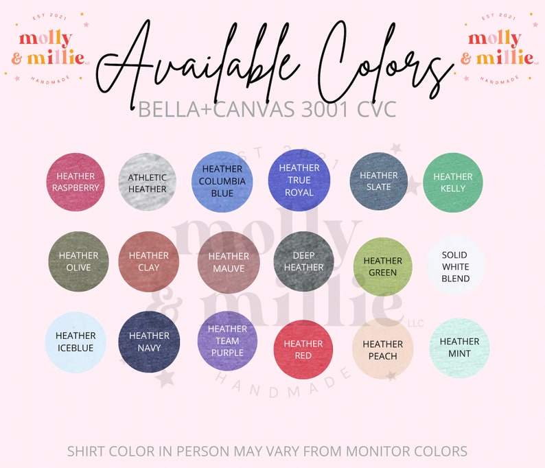 K&ouml;nnte beinhalten: Eine Tabelle mit den verf&uuml;gbaren Farben f&uuml;r Bella + Canvas 3001 CVC T-Shirts. Die Farben werden in Kreisen angezeigt, wobei der Name jeder Farbe darunter aufgef&uuml;hrt ist. Die Farben umfassen Heather Raspberry, Athletic Heather, Heather Columbia Blue, Heather True Royal, Heather Slate, Heather Kelly, Heather Olive, Heather Clay, Heather Mauve, Deep Heather, Heather Green, Solid White Blend, Heather Iceblue, Heather Navy, Heather Team Purple, Heather Red, Heather Peach, and Heather Mint.